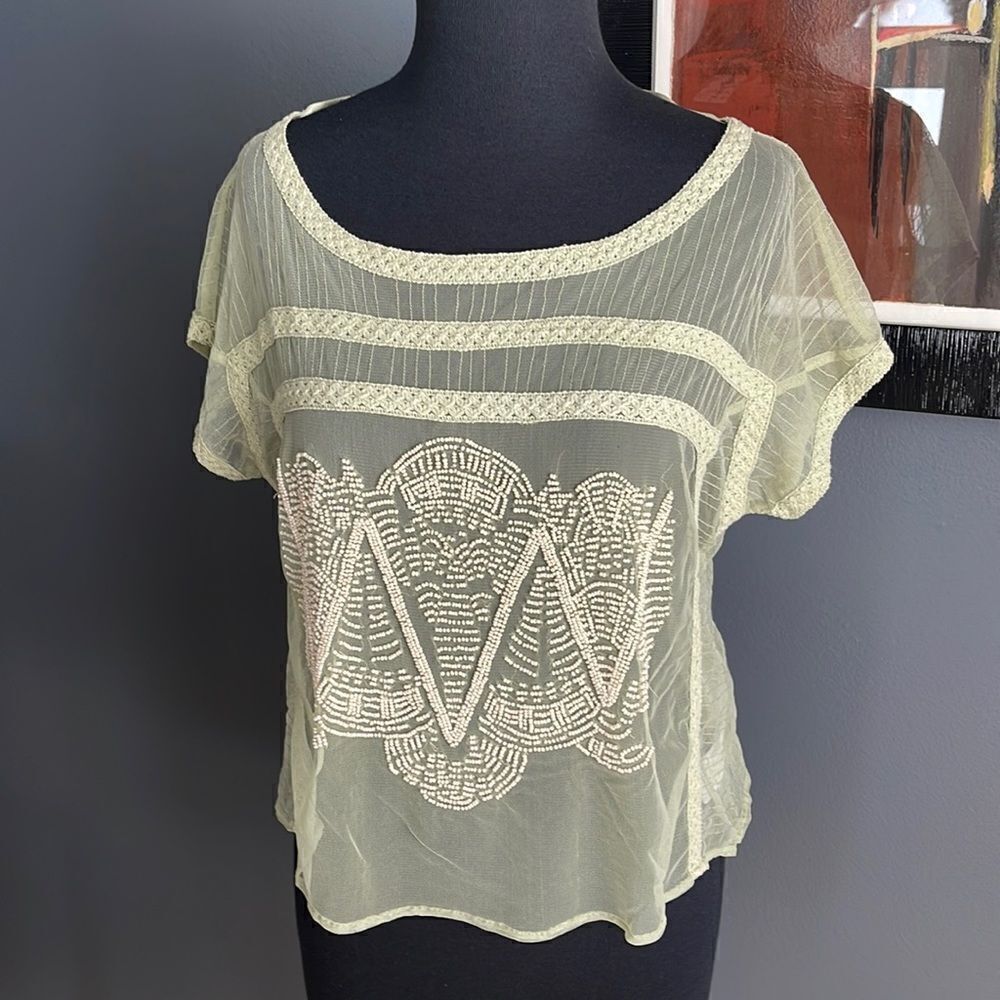 Kimchi Blue light sage sheer mesh beaded trimmed top. Small.